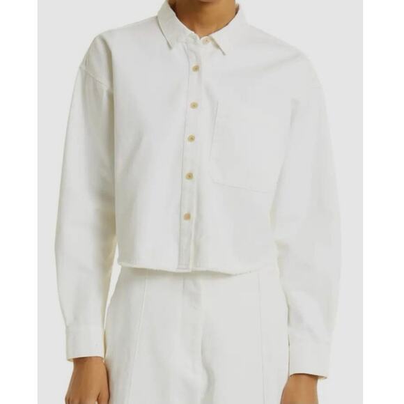 ATM Ivory Cotton Twill Cropped Button Front Frayed Hem Shirt Small - Picture 1 of 10